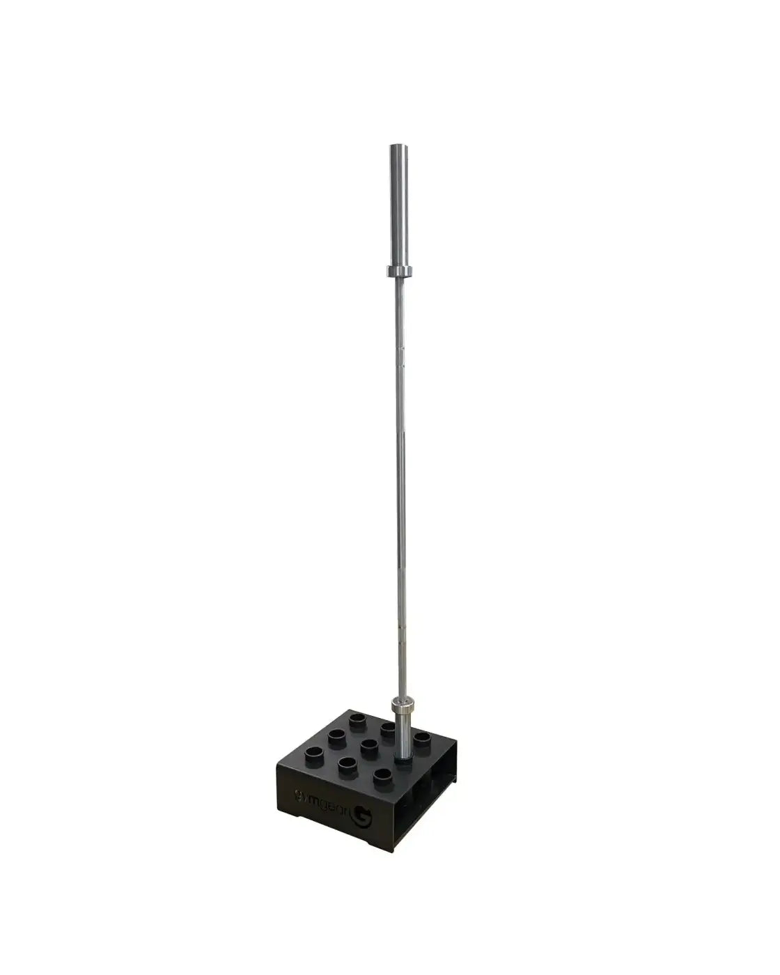 Silver metal barbell resting on black plastic base with circular indentations for gym gear vertical olympic bar holder