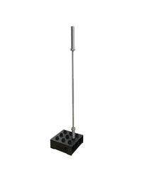 Silver metal barbell resting on black plastic base with circular indentations for gym gear vertical olympic bar holder