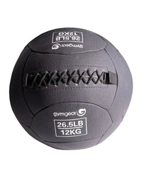 Gym gear wall balls made of dark gray textured fabric with black stitching and a central strap for home gym use