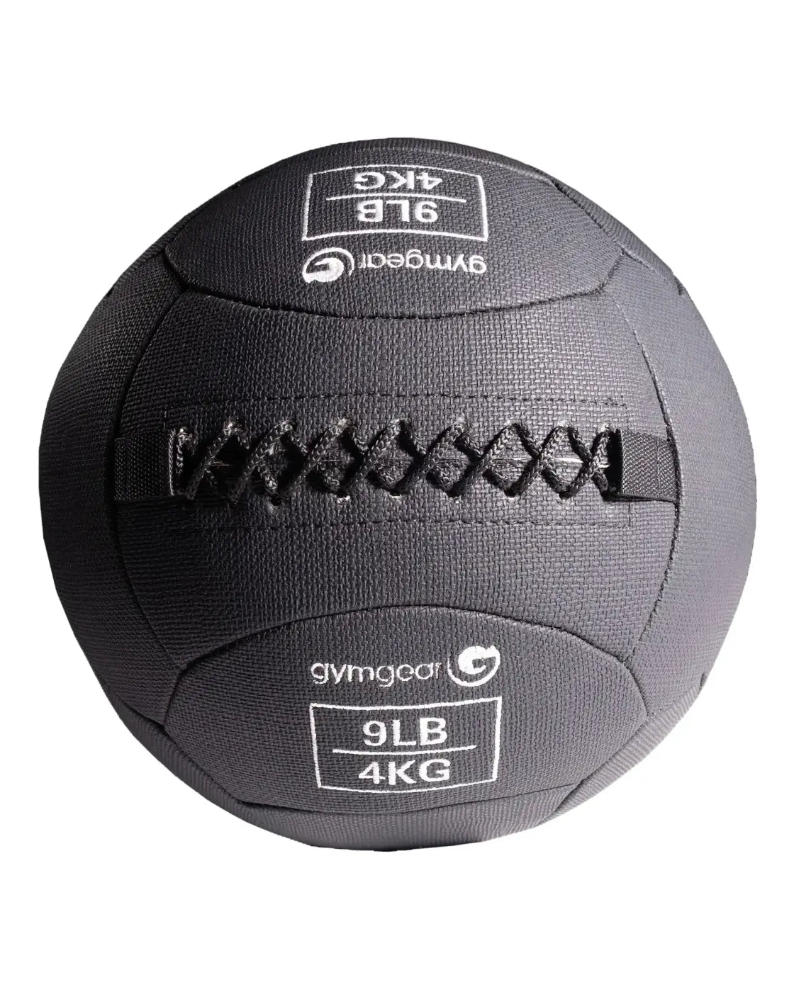 Dark gray fabric Gym Gear wall ball with black stitched straps and white branding for home gym workouts