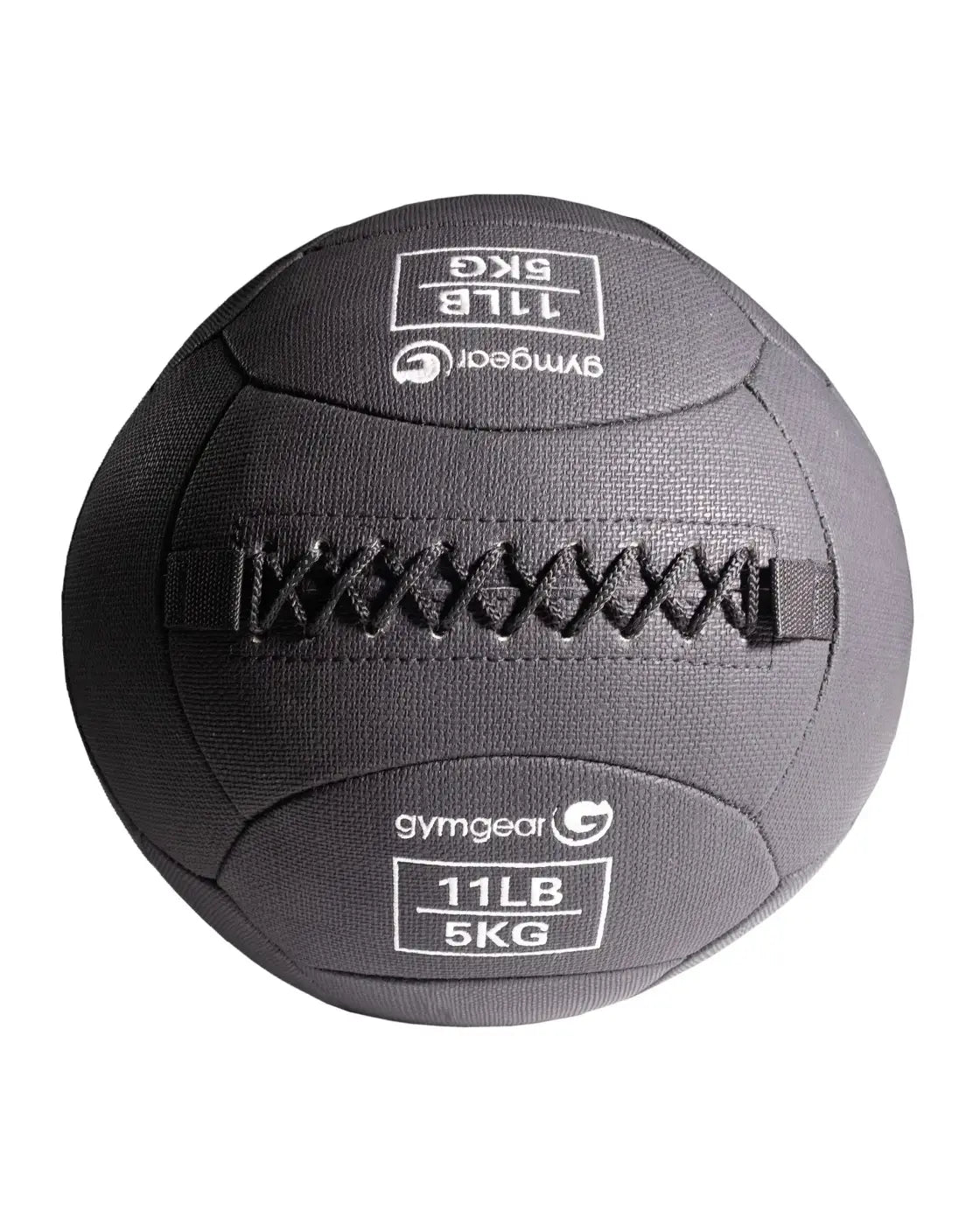 Dark gray gym gear wall ball medicine ball with stitched fabric and reinforced strap for home gym use weighing 11lb 5kg