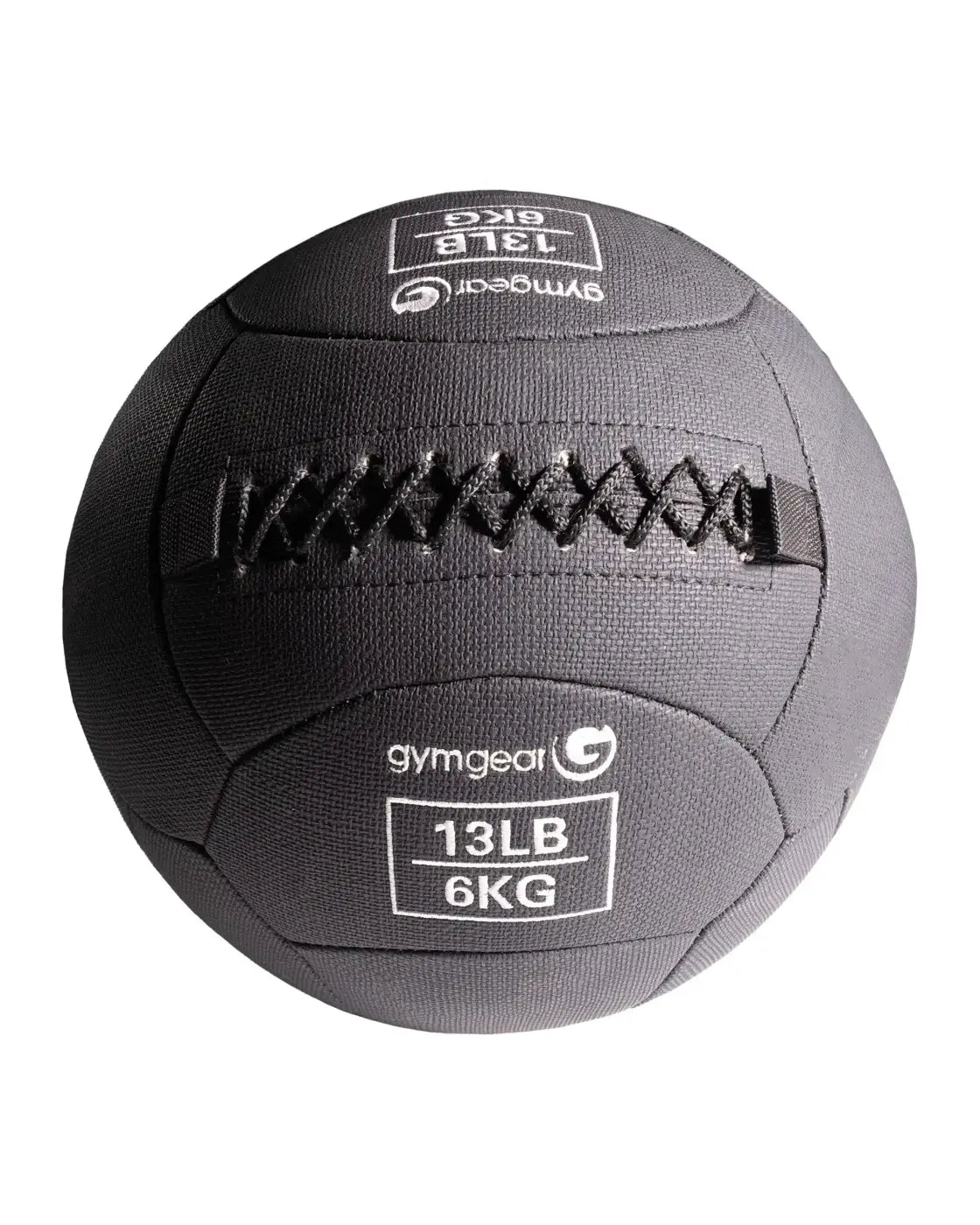 Dark gray textured fabric 13lb 6kg medicine ball with black stitching by Gym Gear for home gym wall ball workouts