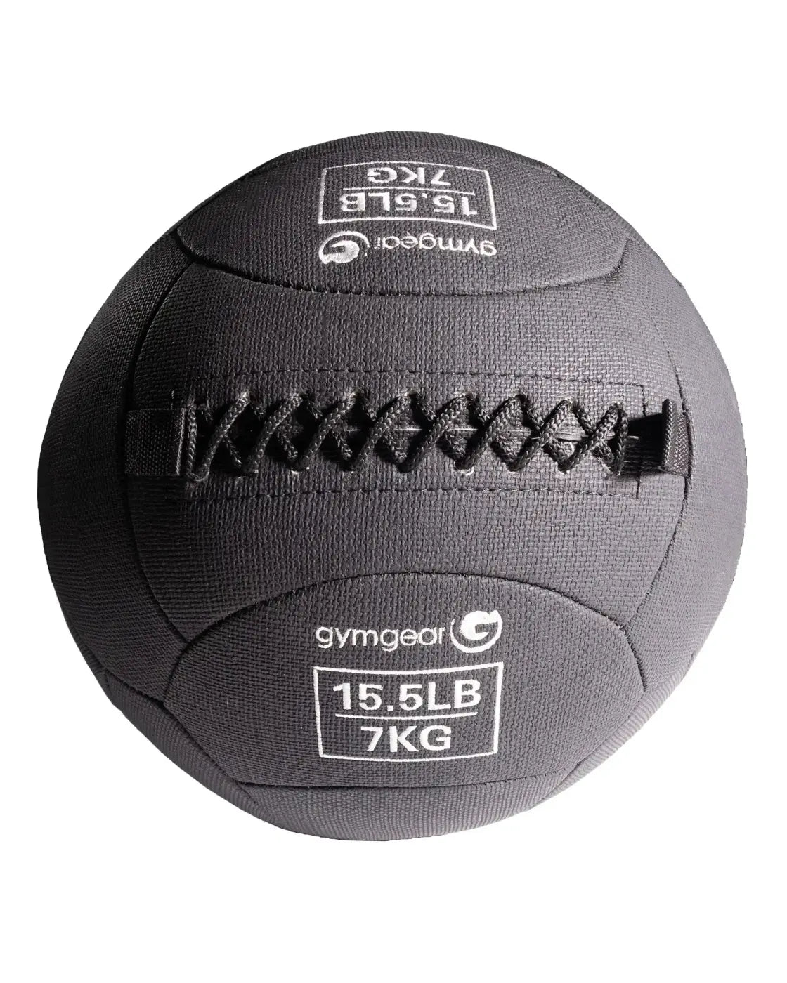 Black gymgear 7kg medicine ball with stitched fabric and central strap for home gym wall balls training