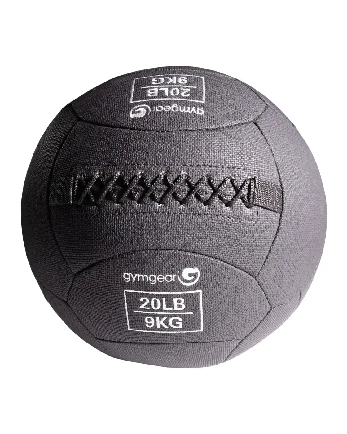 Dark gray gymgear wall ball medicine ball 20-pound 9kg with stitched seams and reinforced strap for home gym use