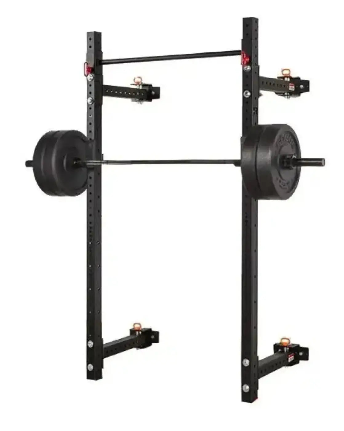 Black metal Gym Gear Warrior folding wall rack with adjustable safety bars and weight plates mounted on barbell