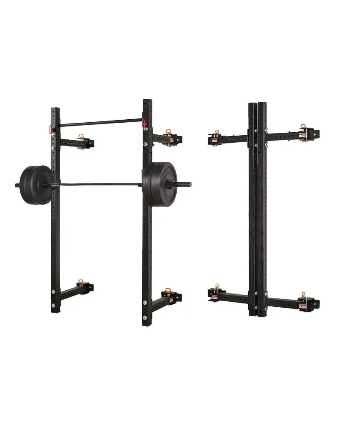 Black metal power rack Gym Gear Warrior folding wall rack with adjustable height and barbell setup UK delivery