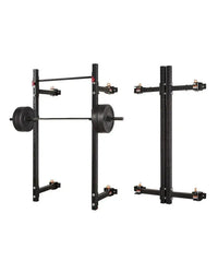 Black metal power rack Gym Gear Warrior folding wall rack with adjustable height and barbell setup UK delivery