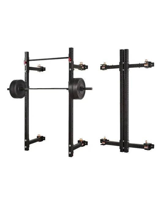 Black metal power rack Gym Gear Warrior folding wall rack with adjustable height and barbell setup UK delivery