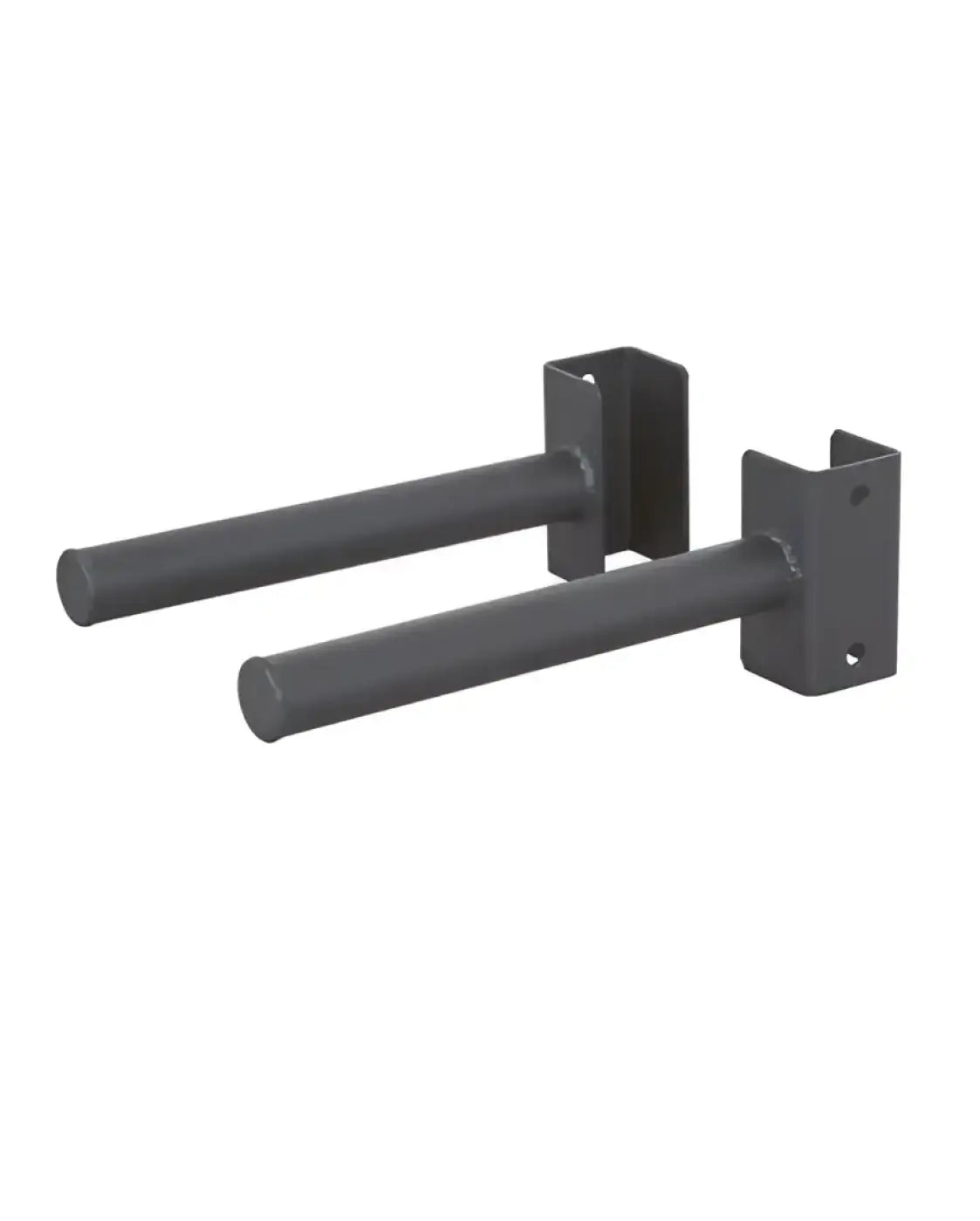 Black metal wall-mounted gym gear weight plate storage sleeves with cylindrical bars and rectangular mounting brackets
