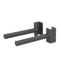 Black metal wall-mounted gym gear weight plate storage sleeves with cylindrical bars and rectangular mounting brackets