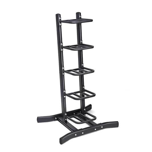 Black metal gym gear weighted bags and slam ball rack with five shelves and wide base for space-saving stability