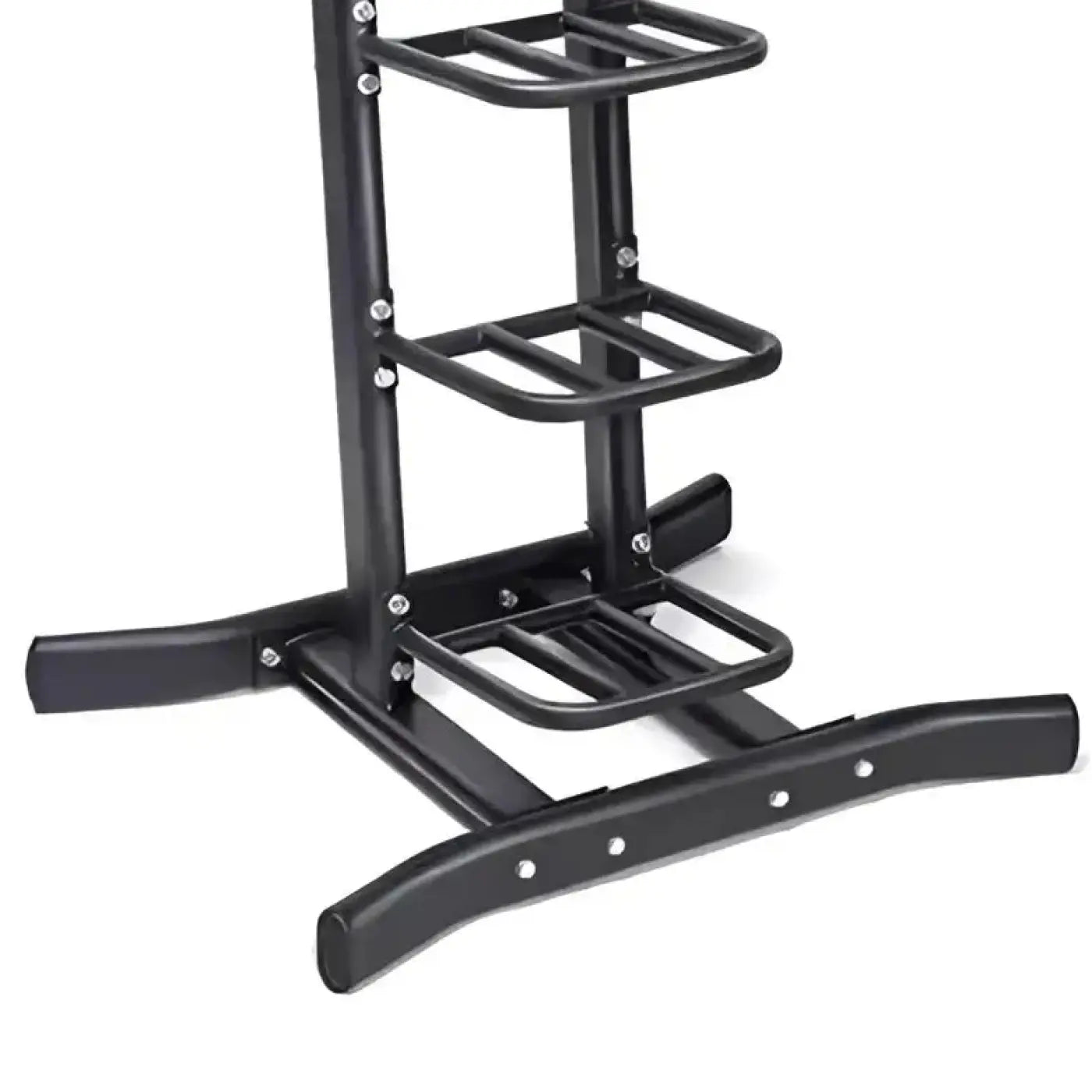 Black metal gym gear weighted bags and slam ball rack with three shelves and wide stable base for space-saving storage
