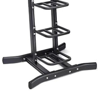 Black metal gym gear weighted bags and slam ball rack with three shelves and wide stable base for space-saving storage