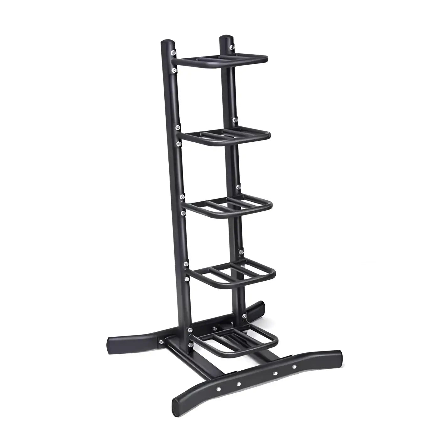 Black metal gym gear weighted bags and slam ball rack with five shelves and wide base for space-saving stability