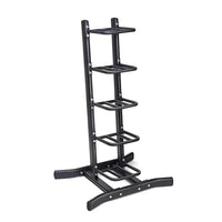 Black metal gym gear weighted bags and slam ball rack with five shelves and wide base for space-saving stability