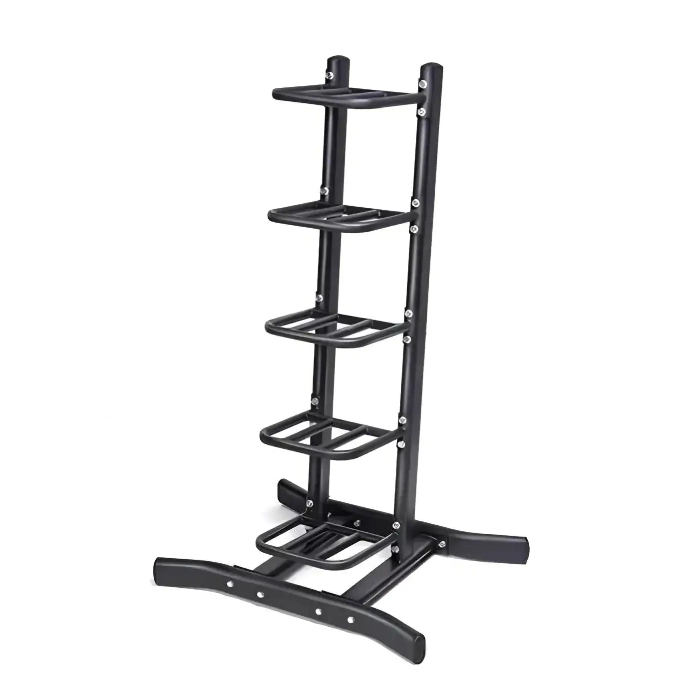Black metal gym gear weighted bags and slam ball rack with five tiered shelves for space-saving organization