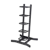 Black metal gym gear weighted bags and slam ball rack with five tiered shelves for space-saving organization
