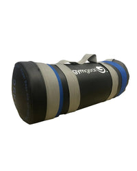 Black gymgear weighted sandbag with gray and blue striped accents and carrying handle for uk delivery