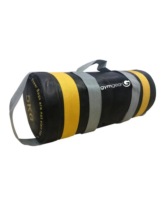 Black and yellow striped 5kg gym gear weighted power bag with gray straps for uk delivery fitness training