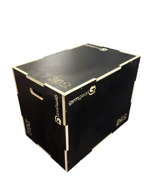 Black gymgear wooden plyometric box with light-colored trim and textured surface for home fitness use