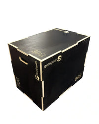 Black gymgear wooden plyometric box with light-colored trim and textured surface for home fitness use