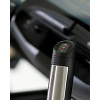 Black and silver handle of the Gym Gear X98e cross trainer featuring a circular button with a red plus sign