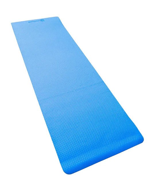 Blue textured yoga mat with subtle brand logo for home gyms by gym gear made of durable material
