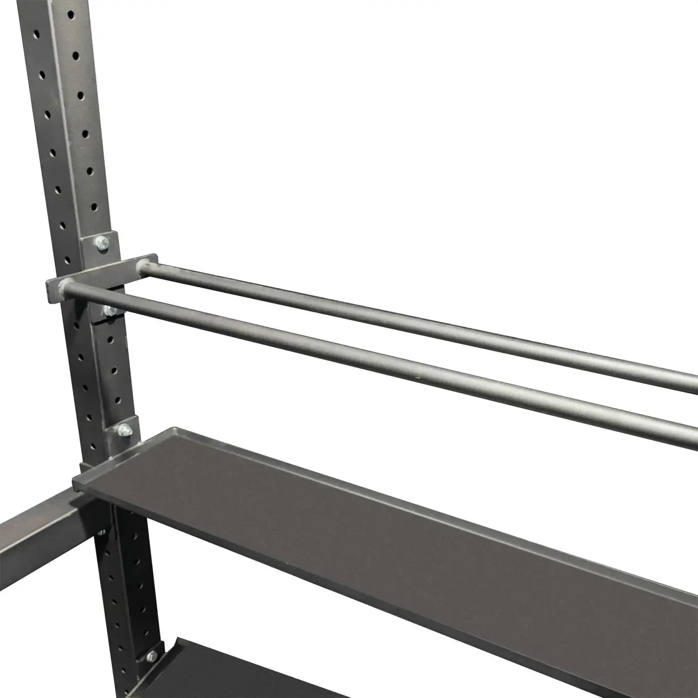 Gray metal HIITMax training station shelving unit with perforated uprights and horizontal support bars for home gyms