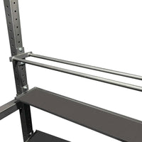 Gray metal HIITMax training station shelving unit with perforated uprights and horizontal support bars for home gyms