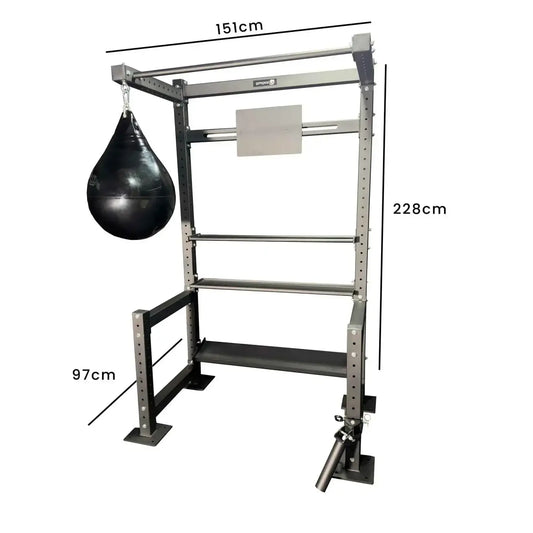Black punching bag suspended from a sturdy silver-toned metal gym rack in HIITMax training station for home gyms
