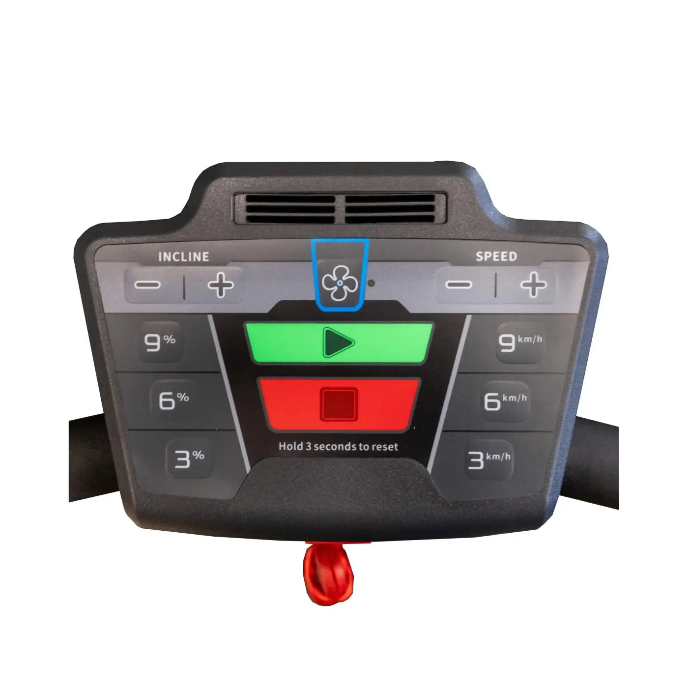 Black iht encore ac4000 motorised treadmill console with green play red stop incline speed controls and blue fan icon