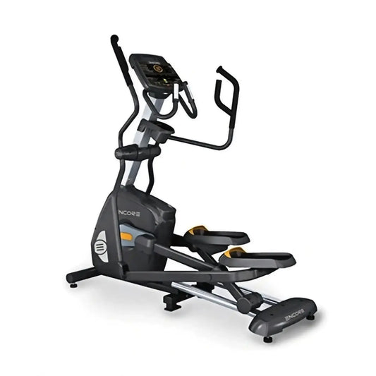 Black and silver IHT Encore cross trainer elliptical with yellow accents digital display and adjustable handlebars for home gym use