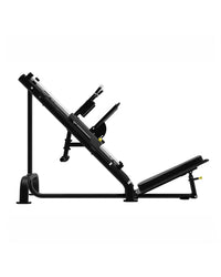 Black metal incline leg press machine with adjustable weight stack and padded seat for home gym use