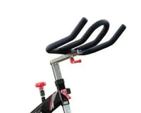 Black ergonomic handlebars with red adjustment knobs on m sport indoor magnetic exercise bike for home gym uk