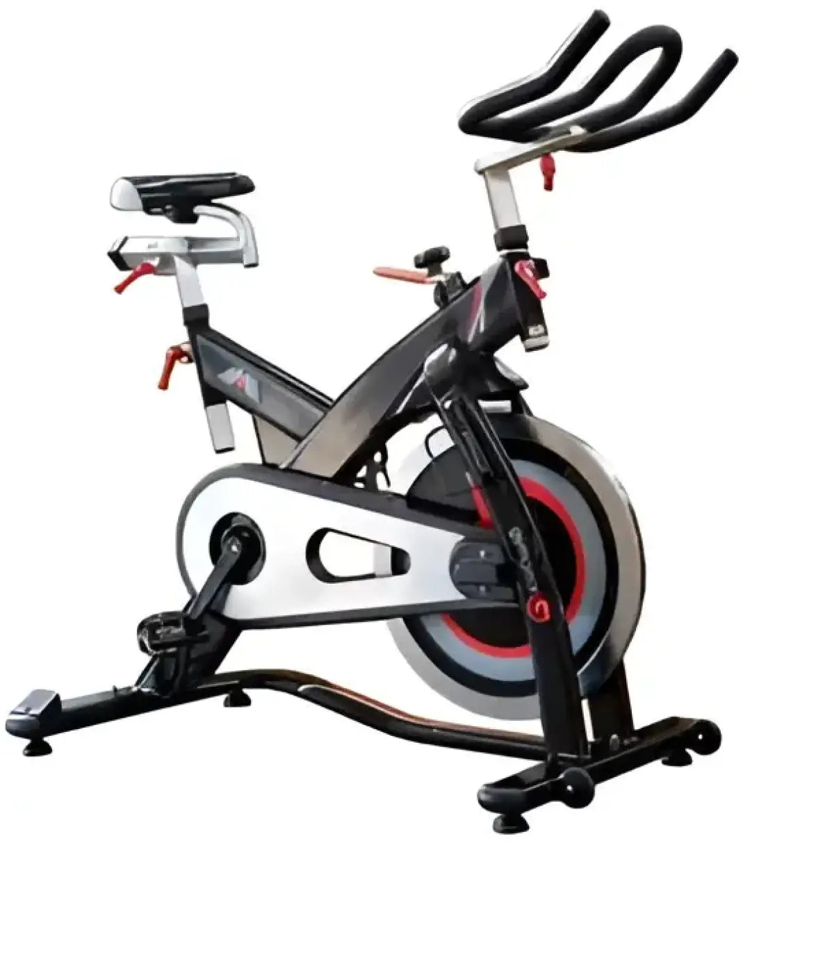 Black and silver stationary indoor studio bike with red flywheel accents for home workouts m sport sport model