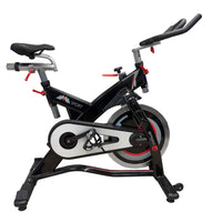 Black and silver gymgear stationary exercise bike with red accents for home workouts in the M Sport Indoor Studio series