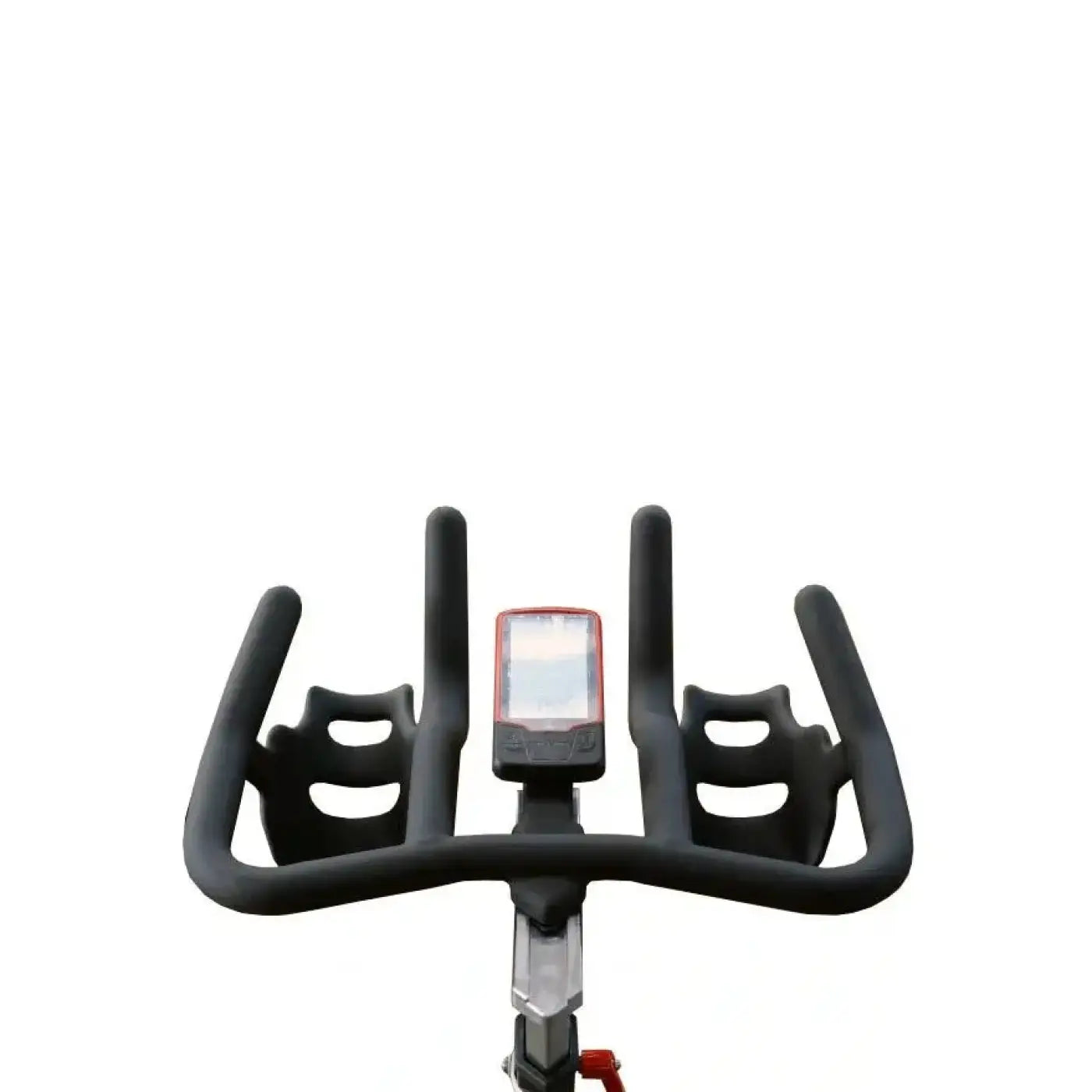 M sport pro indoor exercise bike with black ergonomic handlebars, integrated cup holders, and digital display on silver stem