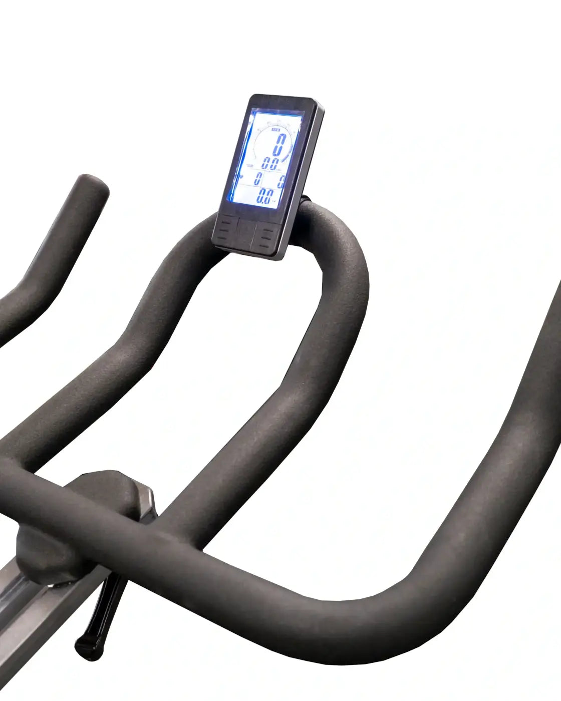 Black ergonomic handlebars with digital display mounted on top on m sport spl indoor cycle compact design front view