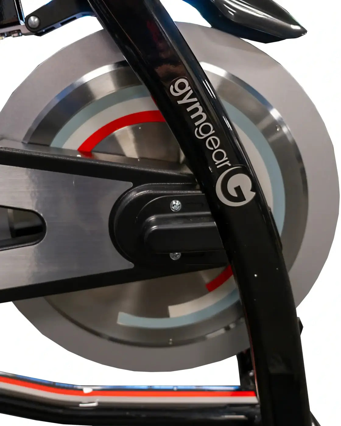 M sport spl indoor cycle black gymgear stationary bike with metallic flywheel and red light blue accent rings