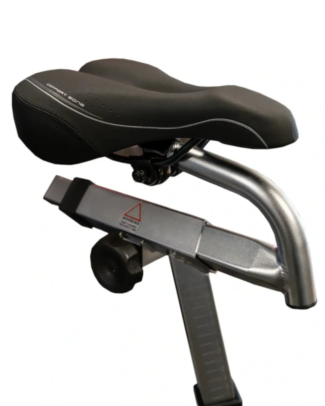 Black padded bicycle saddle with silver trim and comfort sone branding on metallic frame of m sport spl indoor cycle