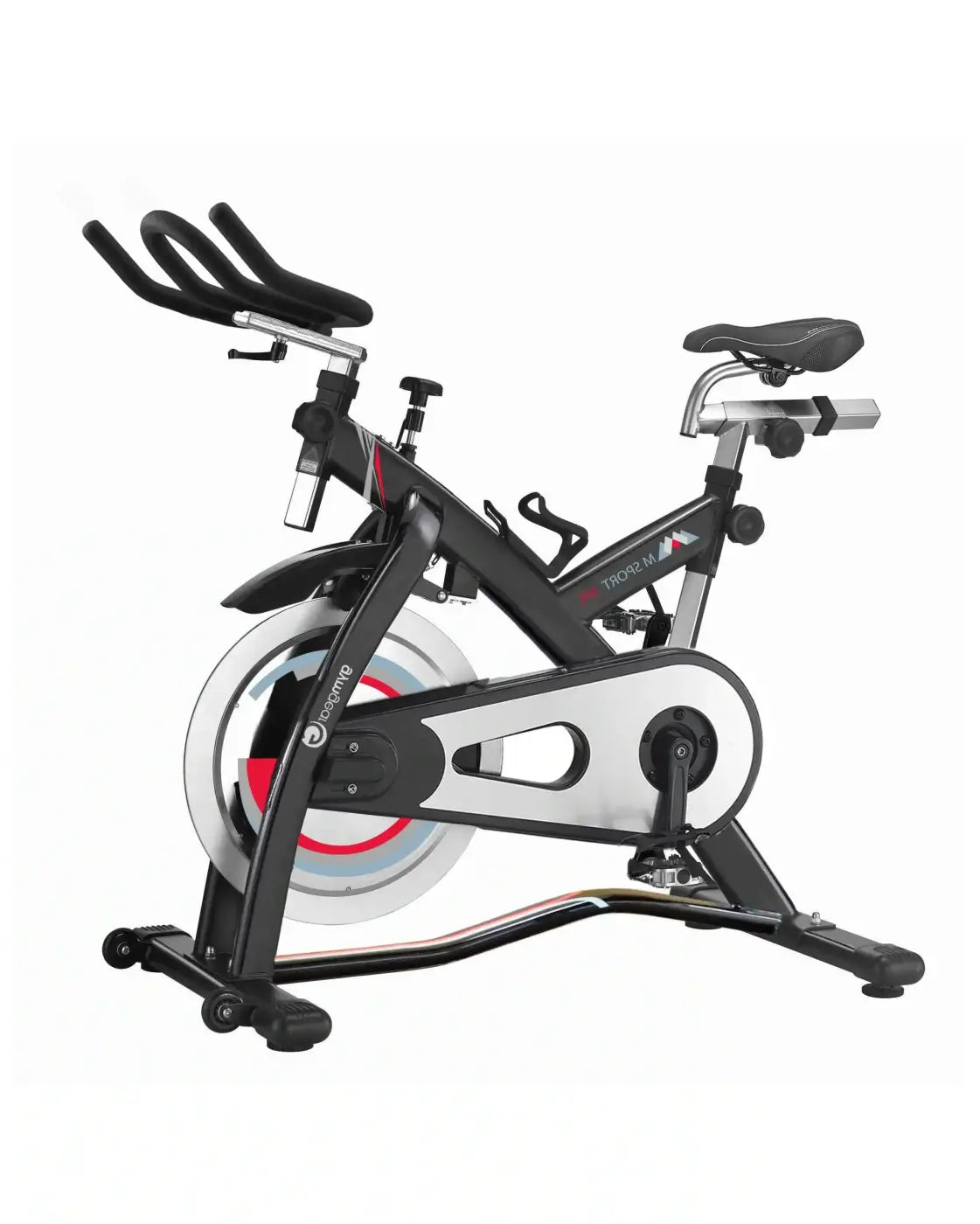 M Sport SPL indoor cycle stationary exercise bike in black and silver with red flywheel accents and compact design