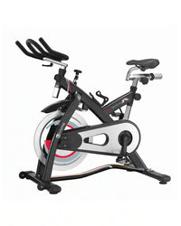 M Sport SPL indoor cycle stationary exercise bike in black and silver with red flywheel accents and compact design