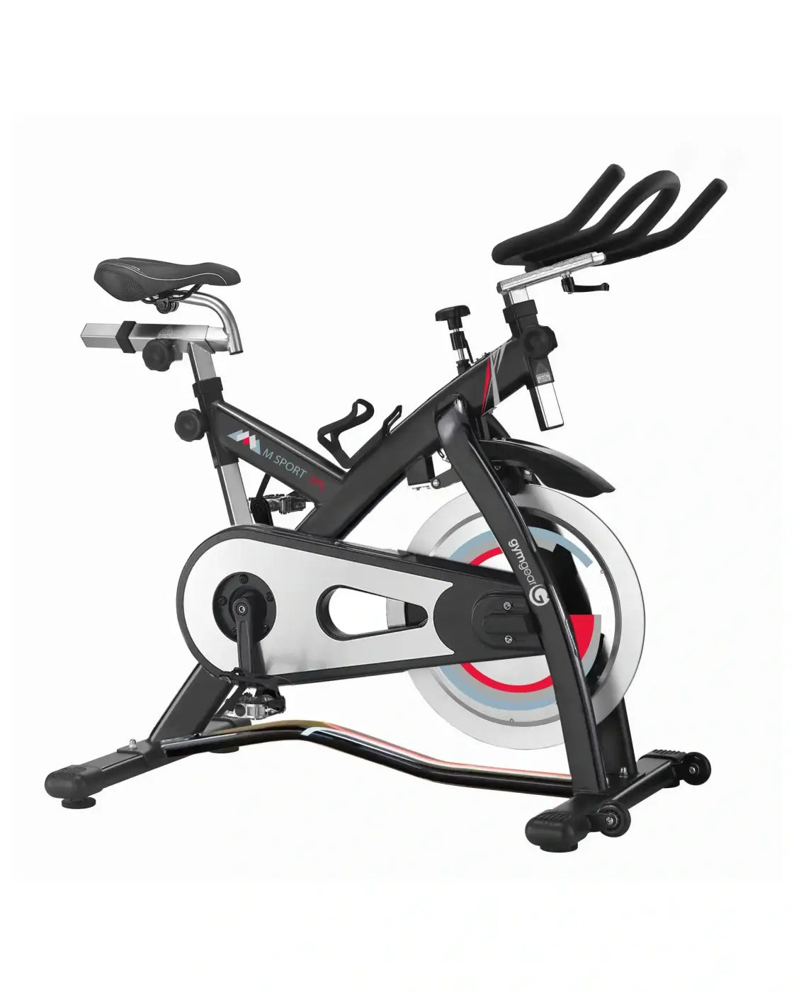M sport spl indoor cycle stationary bike in black and silver with red and blue flywheel accents and compact design