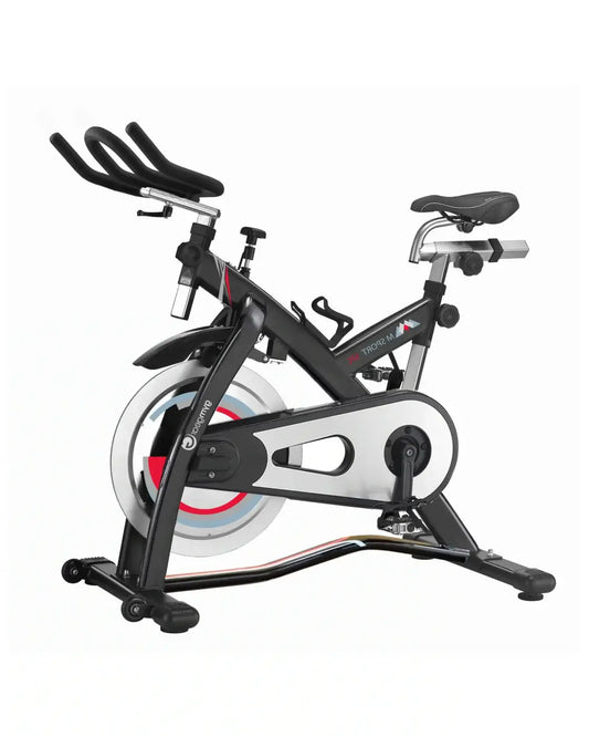 M Sport SPL indoor cycle stationary exercise bike in black and silver with red flywheel accents and compact design