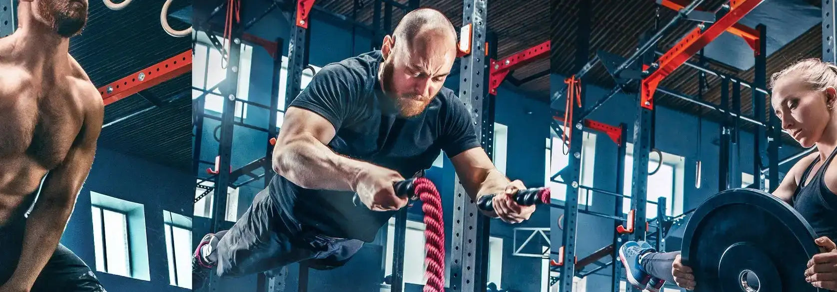 Man lifting weights in a gym with red and blue equipment.