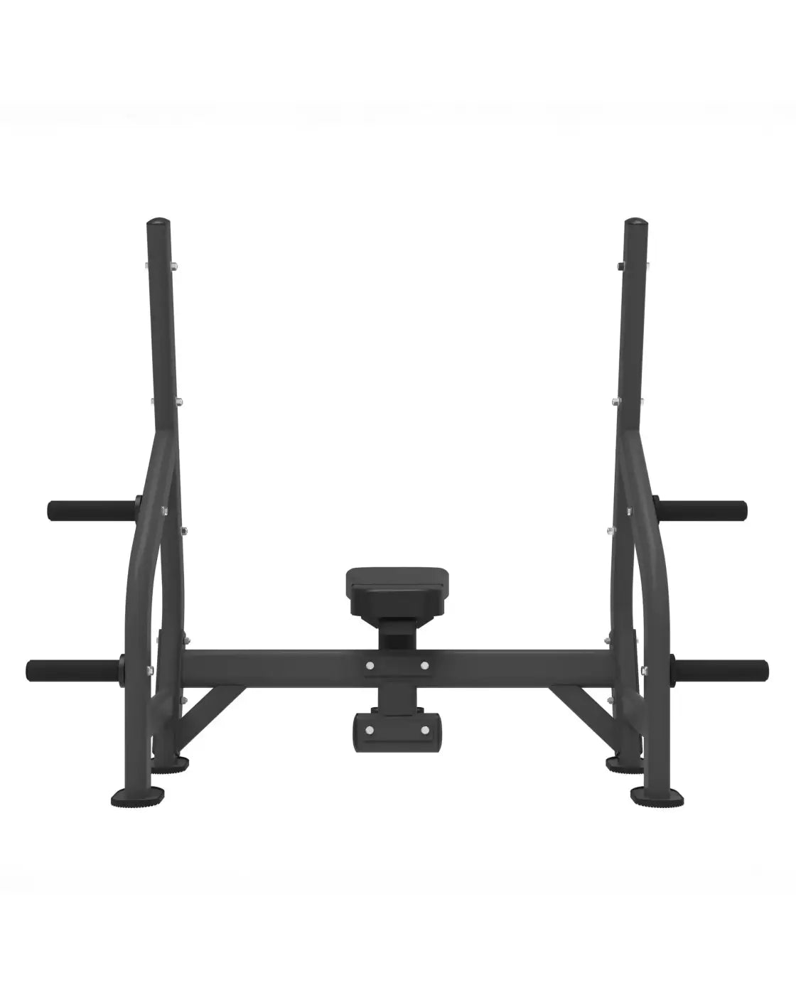 Black metal power rack with adjustable safety bars and central bench from Elite Series Olympic flat bench for home gym