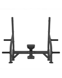 Black metal power rack with adjustable safety bars and central bench from Elite Series Olympic flat bench for home gym