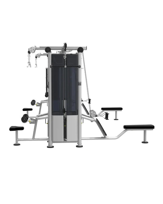 Silver and black perform series 4 stack multi jungle weight training machine with adjustable benches and cable attachments