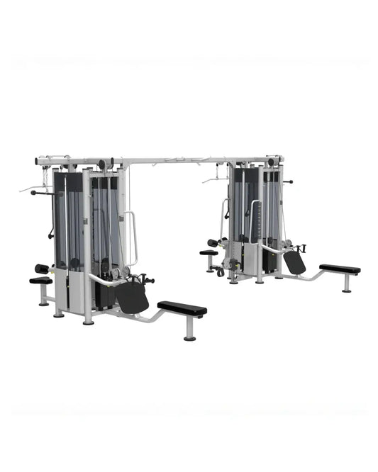 Perform Series 8 stack multi jungle compact design silver and black cable weight training machine with adjustable benches