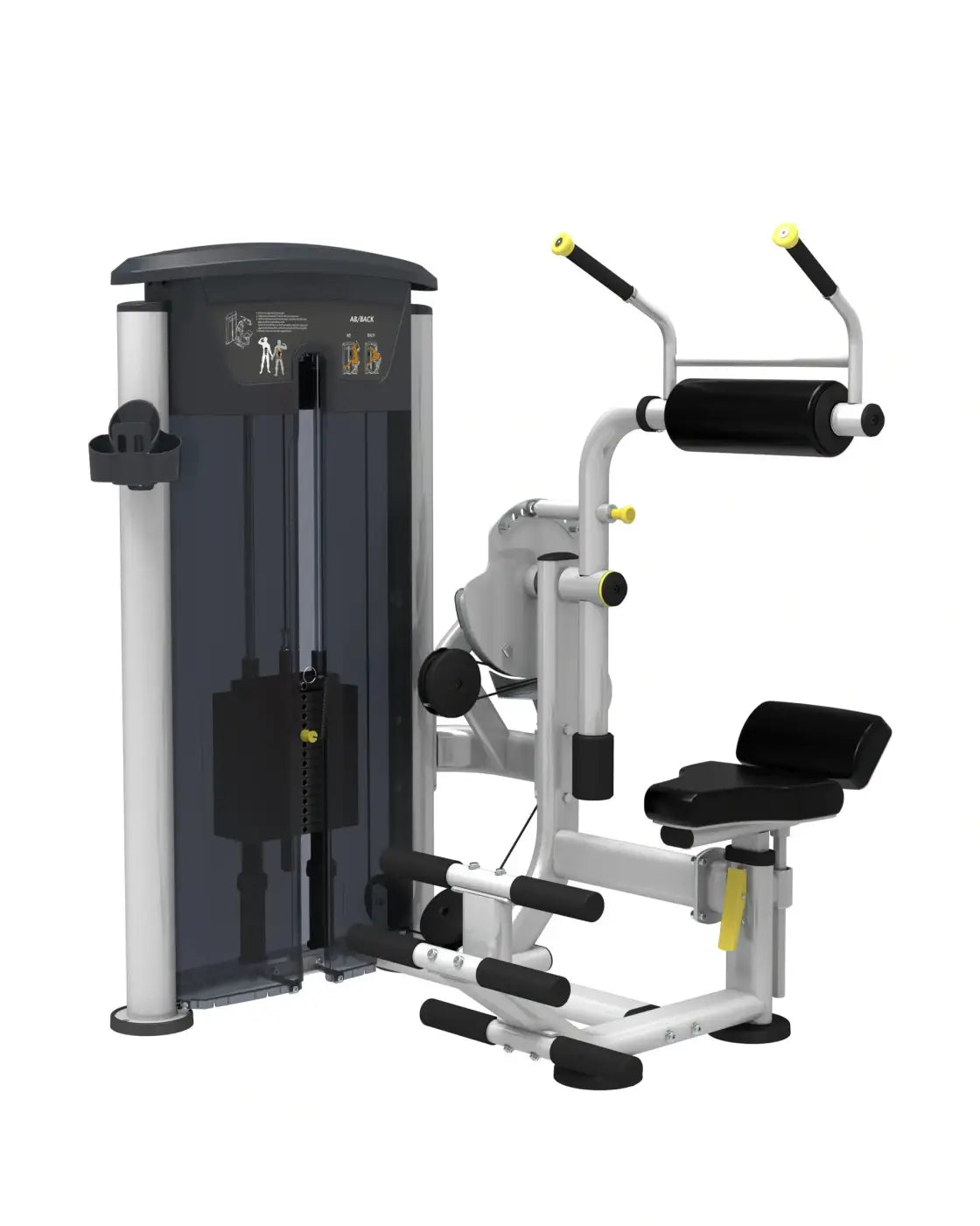 Silver and black abdominal back extension machine with yellow accents from perform series compact design for core workouts